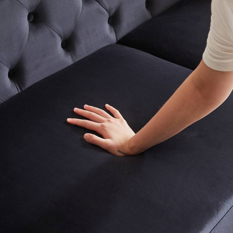 Velvet Upholstered 3 Seater Sofa, Chesterfield Tufted Button Sofa, Lounge Sofa Chair with 2 Pillows & Metal Legs