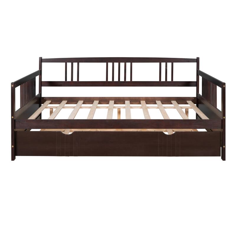 Espresso Wood Full Size Daybed Wood Bed with Twin Size Trundle Wood Frame