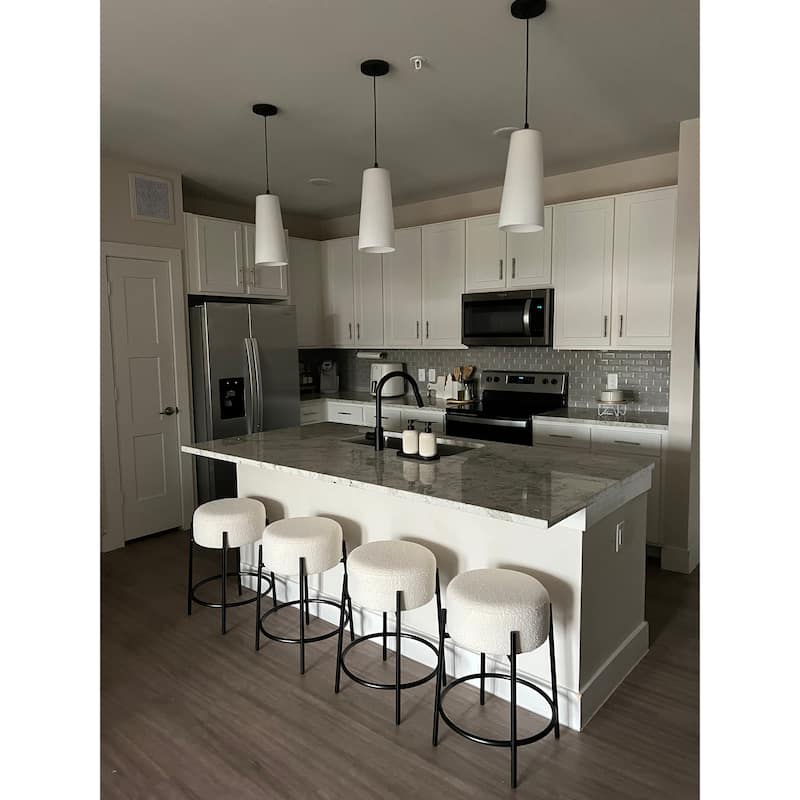 Isaac Modern Backless Metal Round Bar Stool with Boucle Padded Seat and Metal Base