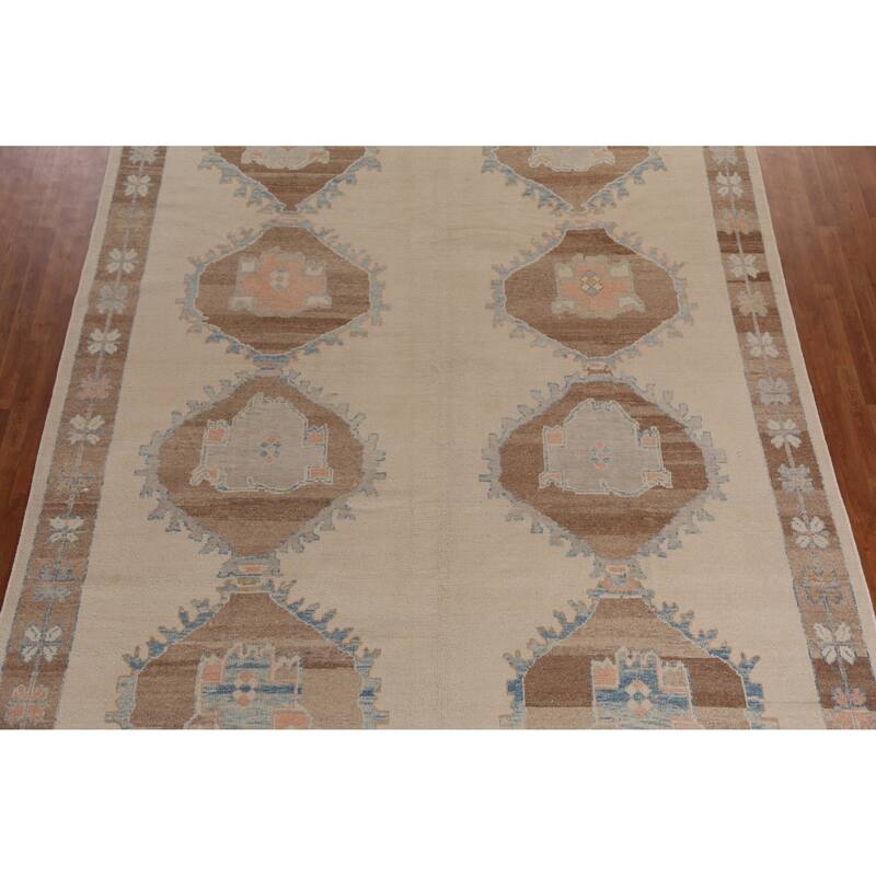 Hand Knotted Oriental 100% Wool Carpet Transitional Geometric Beige & Ivories Oushak Area Rug - 13' 6'' X 10' 3''