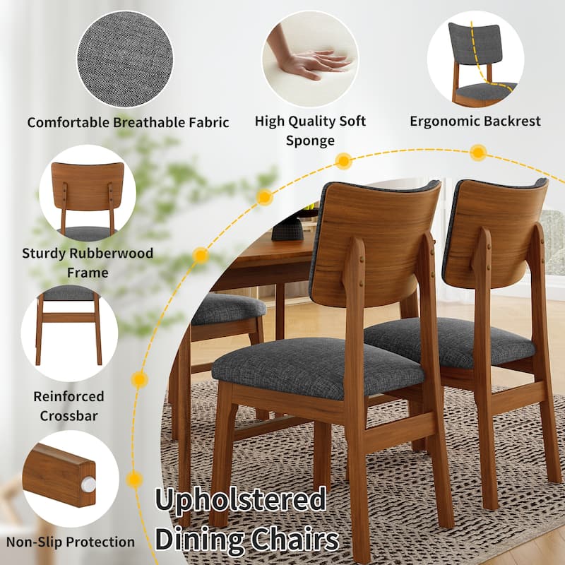 Mid-Century Modern Dining Table Set for 4, 5 Piece Farmhouse Solid Wood Dining Table and 4 Upholstered Chairs Set for Home