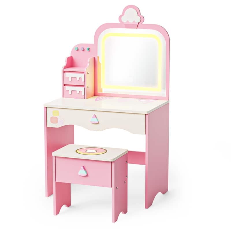 Kids Makeup Desk Vanity Table Set With Cloud-Like Lights And Drawer For Little Girls Ages 3-8 - N/A