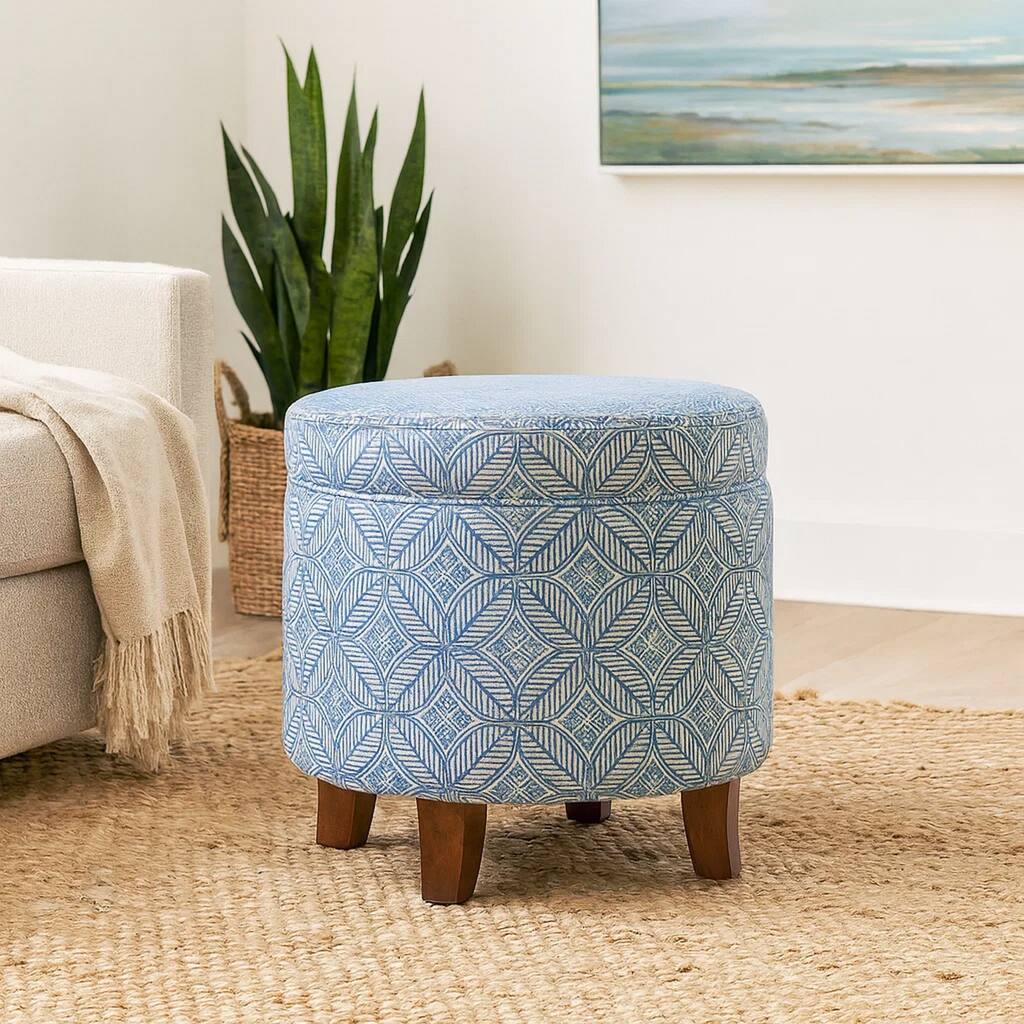 Loni Round Storage Ottoman, 19 Inch Indigo Blue Pattern, Walnut Brown