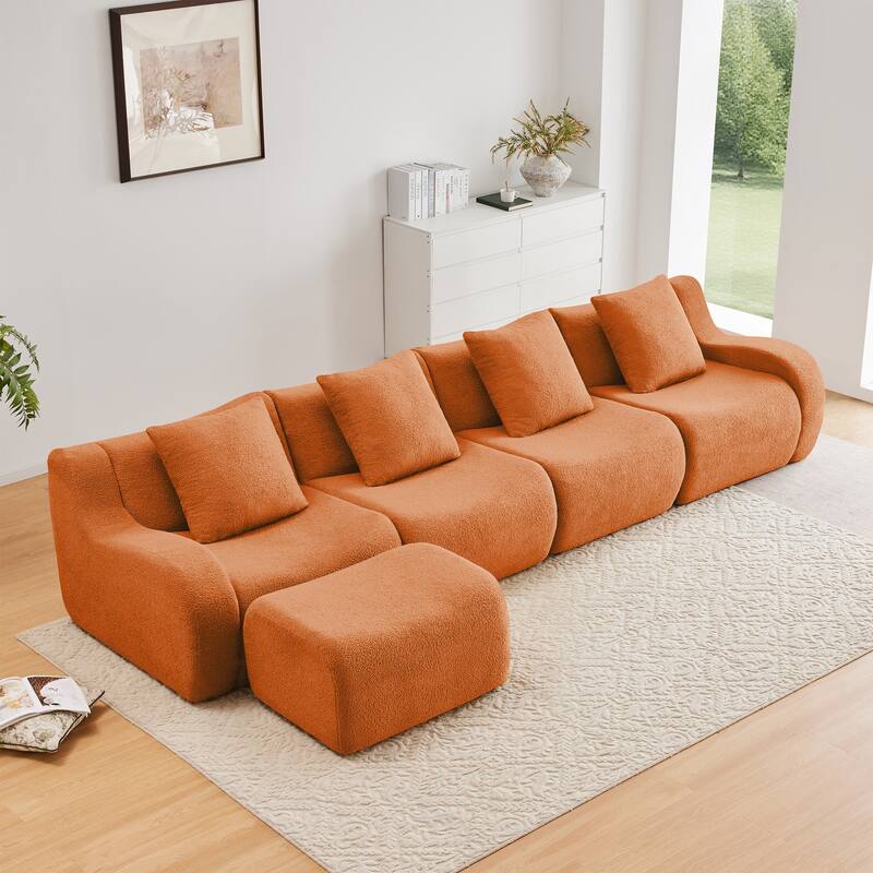 Anmytek Modern Plush L-Shaped 4-Seat Chaise Boneless Sofa - Teddy Fabric, 32D High Density Sponge, No Assembly