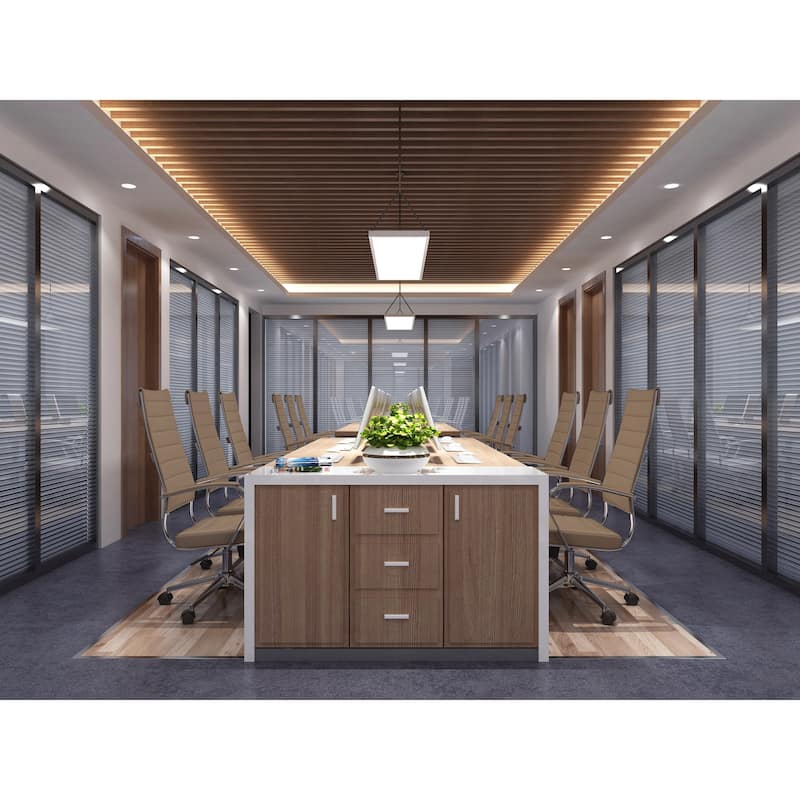 Set of Two (2) Modern Tan High Back Office Chair Ribbed PU Leather Swivel Tilt Computer Desk Cushion Seat Boss