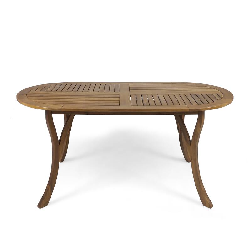 Roomfitters Outdoor Dining Table with Oval Slatted Top and Curved Legs in Solid Acacia Wood for Patio or Garden