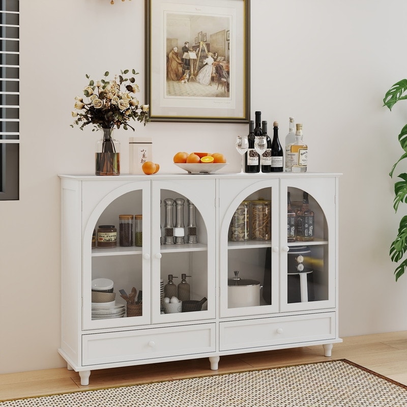 54" Arched Glass Display Cabinet with 2 Drawers and Adjustable Shelves