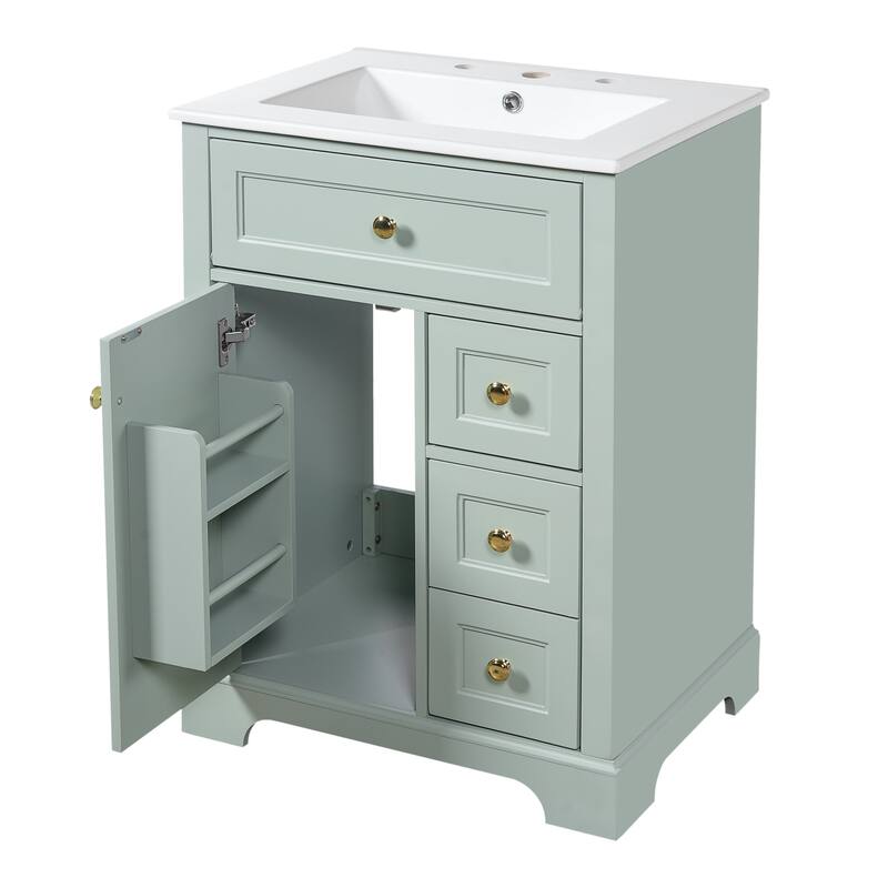 24" Bathroom Vanity with Sink, MDF & Pinewood Construction, 3 Drawers & Cabinet with 2-Tier Door Storage Rack, Soft-Close