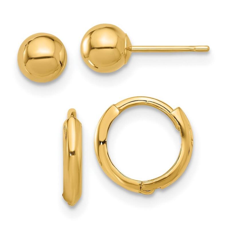 Curata 14k Yellow Gold Polished 5mm Ball and 12mm Hoop Earrings - Set