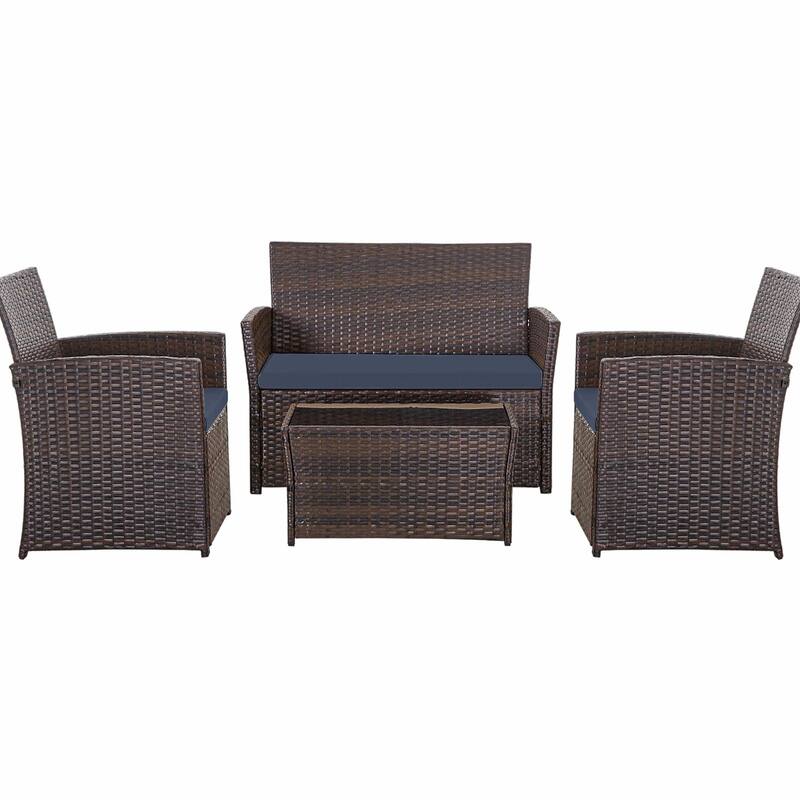 Durable Outdoor Sectional Sofa Set with Cushions & PE Rattan - Blue Cushions + Brown Frame