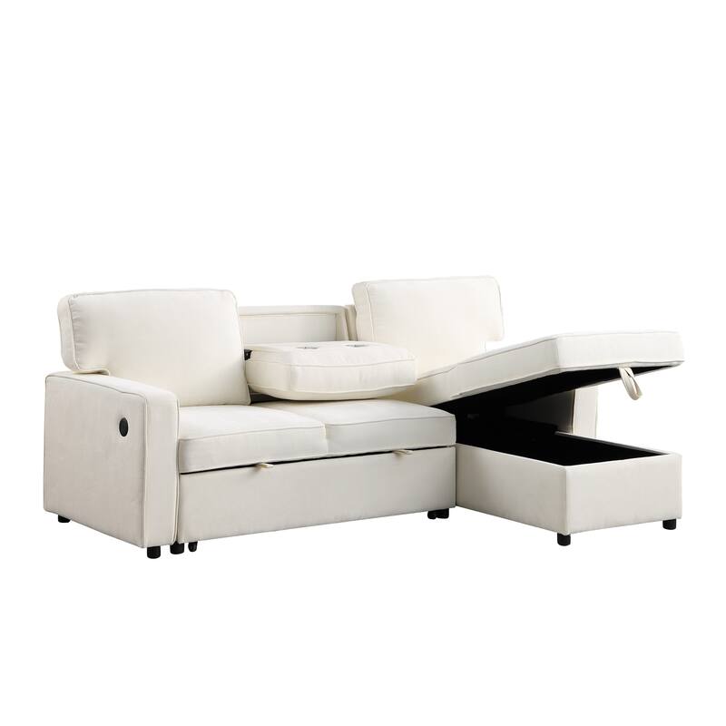 Chenille L-shaped Sectional Sofa with Pull Out Sleeper Bed, Reversible Storage Chaise, Folding Cup Holders and Charging Station