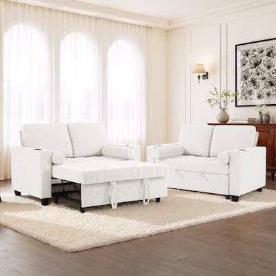 2 Set Corduroy Convertible Sleeper Sofa Bed Loveseats with Cup Holder, USB Ports & Storage