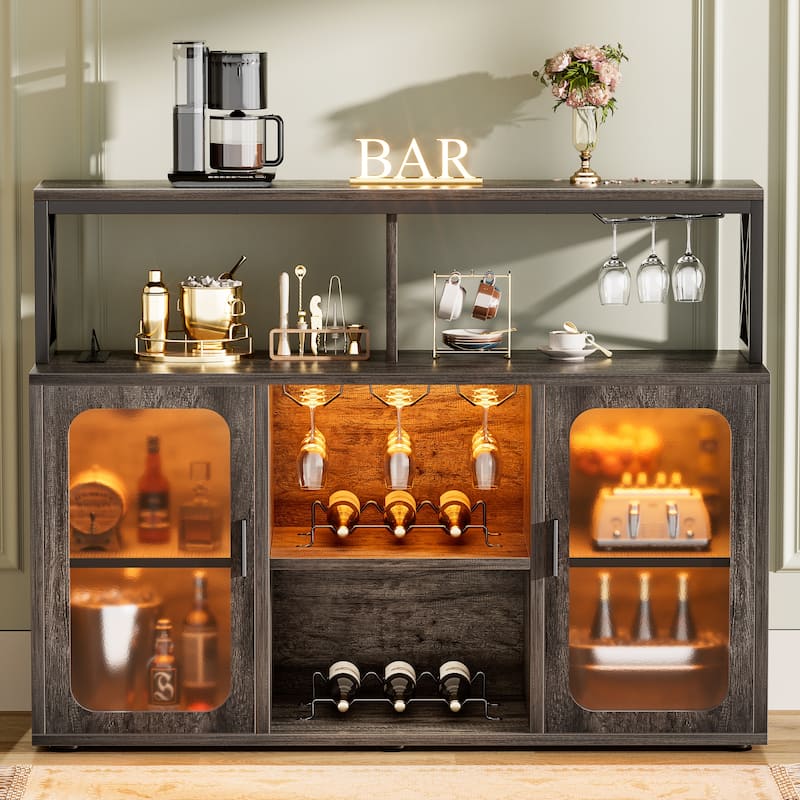 Buffet Sideboard Cabinet Wood Coffee Bar Cabinet with Charging Station and LED lights - Grey Oak