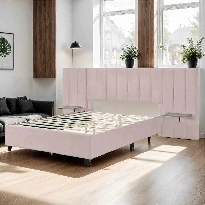 Queen Size Upholstered Platform Bed with Big Headboard, Velvet