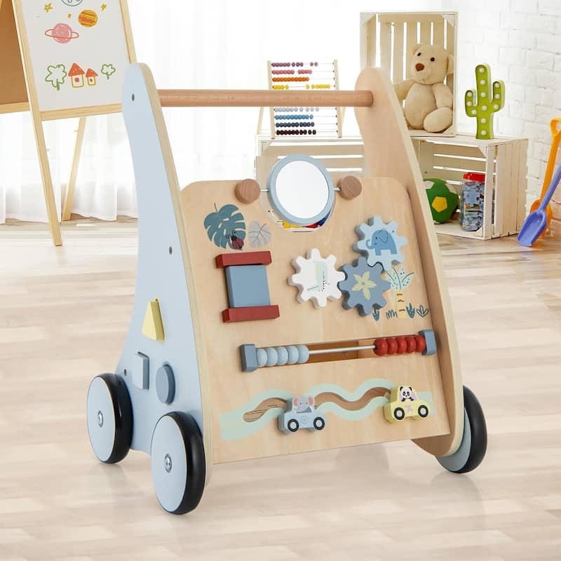 Wooden Infant Walker Baby Push Walker w/ Shape Sorter - Blue