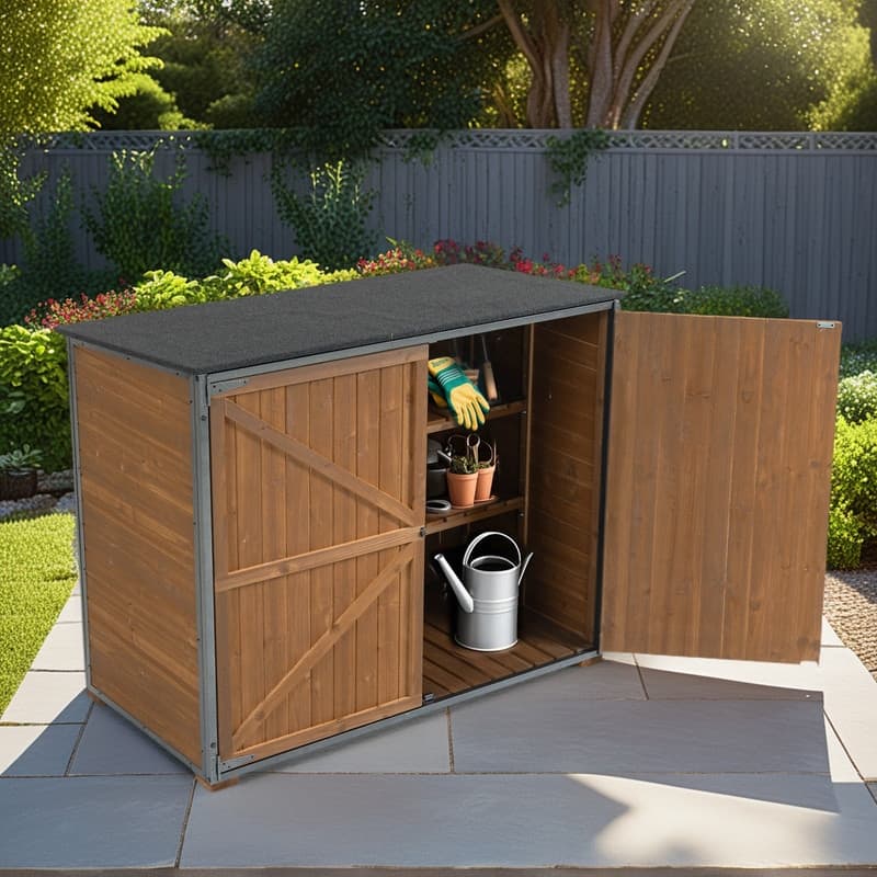 4.2 x 2.2 ft Wooden Garden Sheds Cabinet with All Around Strong Metal Frame, Waterproof Tool Shed with Shelves - Brown