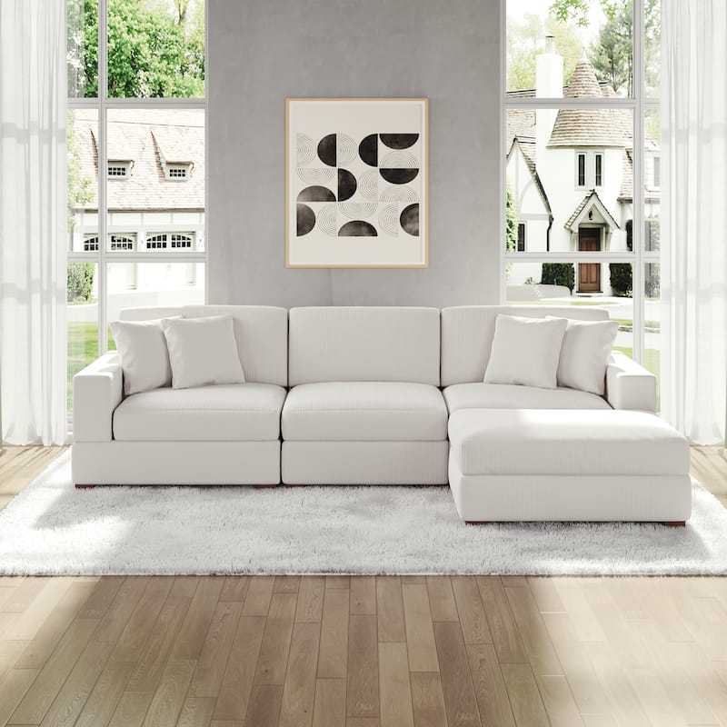 Modular Corduroy Sectional Sofa Set Chaise Couch with Ottoman - Beige-4 Piece
