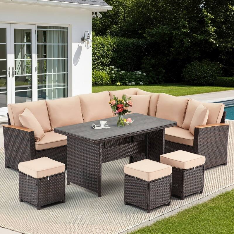 7-Piece Outdoor Sectional Set w/ Dining Table – All-Weather PE Rattan Patio Furniture for Garden, Poolside & Backyard