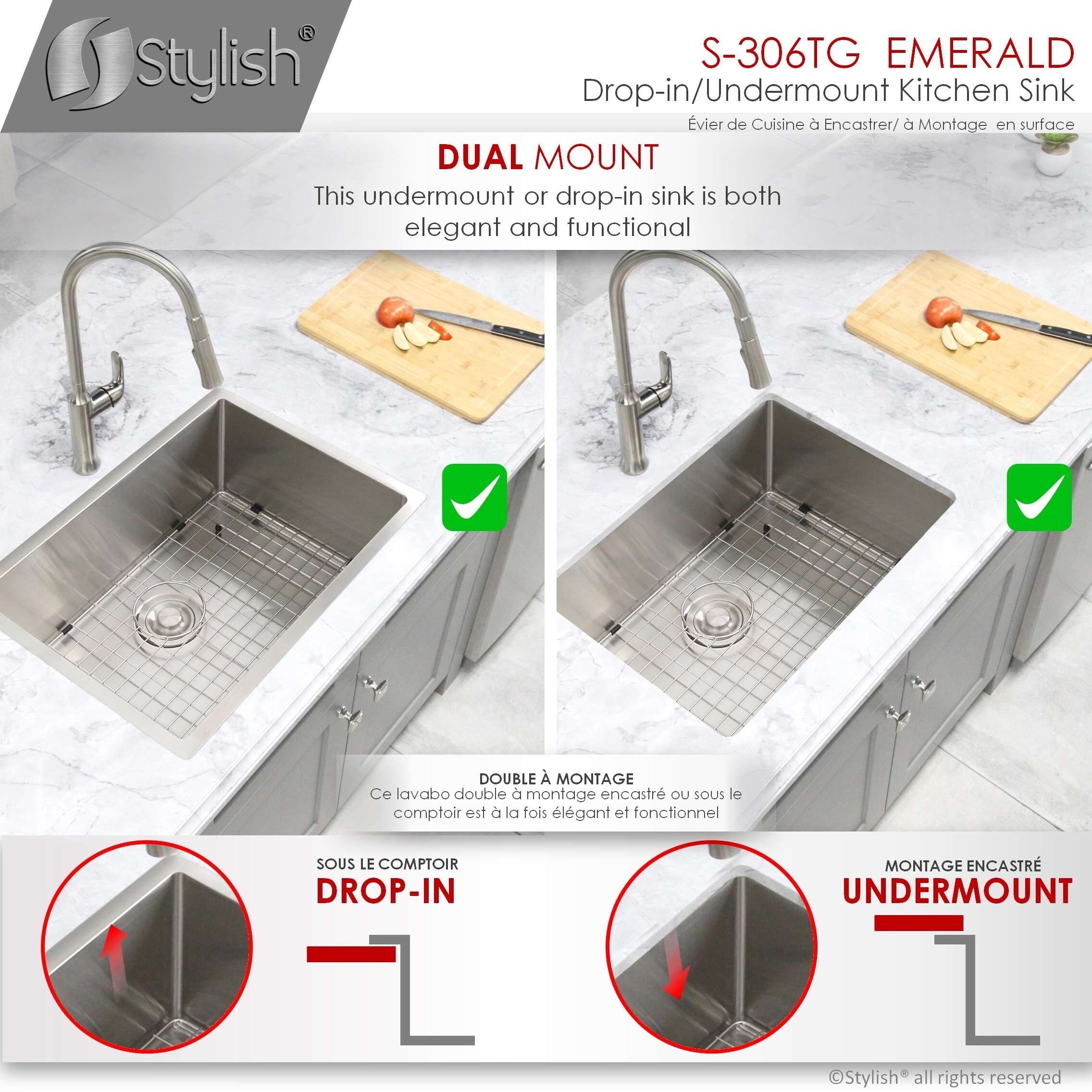 Stylish Sevilla 28 x 18 Undermount Double Bowl Kitchen Sink 18 Gauge Stainless Steel with Standard Strainers S-403