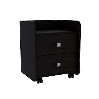 22" Black Two Drawer Nightstand with Pine Top and Metal Handles Bedroom or Living Room Accent Table