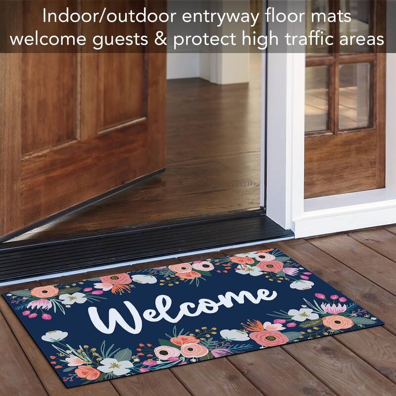 Welcome Florals Indoor/Outdoor Entryway Floor Mat Made in The USA Low Profile, Non-Skid Rubber Backing, 29.5" by 17.75"