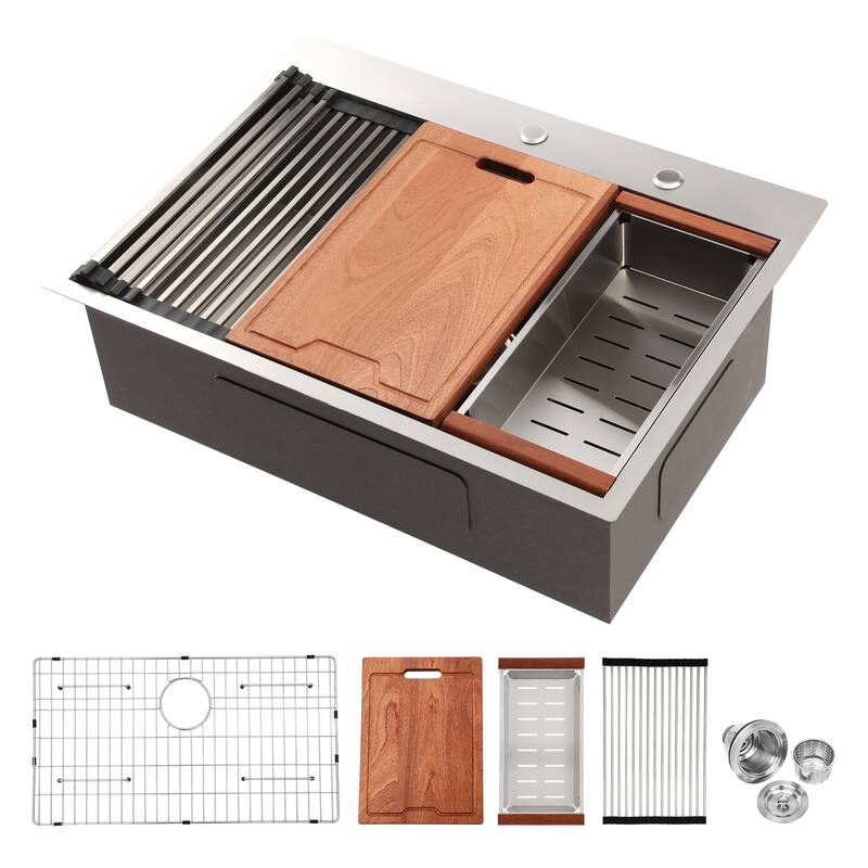 Drop-in Topmount Single Bowl 16 Gauge Stainless Steel Ledge Workstation Kitchen Sink
