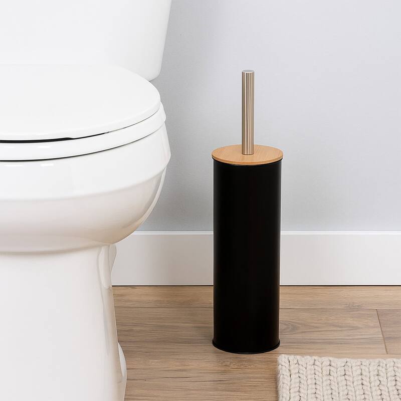 Metal Toilet Brush and Holder Set With Bamboo Lid