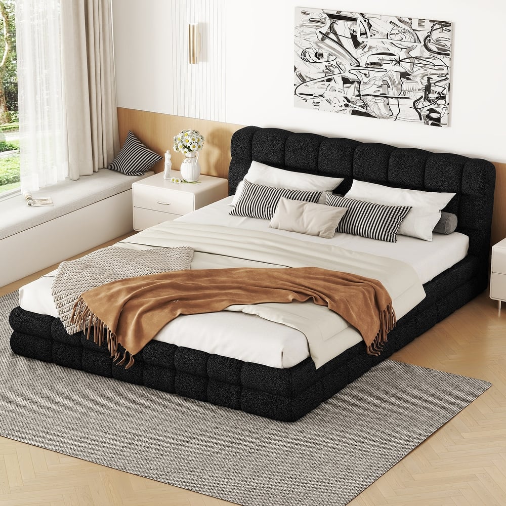 Modern Upholstered Platform Bed Frame Grounded Bed Frame with Striped Headboard/Wood Slats Support/No Box Spring/Easy Assembly