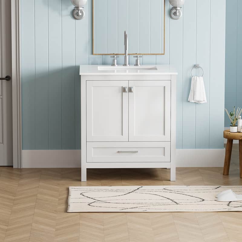 ABRUZZO 30" Freestanding Bathroom Vanity with Carrara Marble Top Solid Wood Frame Soft-Close Doors Undermount Ceramic Sink