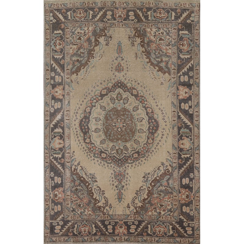 Distressed Tabriz Persian Antique Area Rug Living Room Wool Carpet - 6'4" x 9'2"