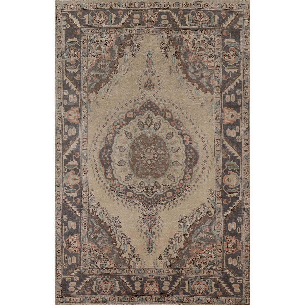 Distressed Tabriz Persian Antique Area Rug Living Room Wool Carpet - 6'4" x 9'2"