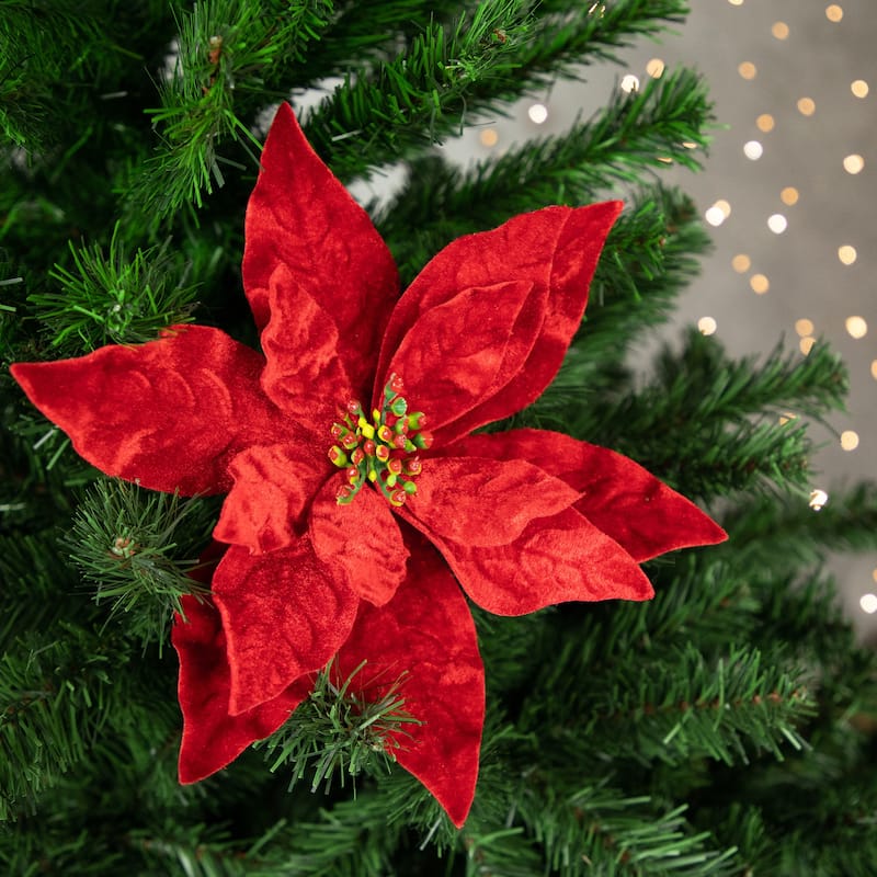 18" Glittered Red Velvet Christmas Poinsettia Stem Spray