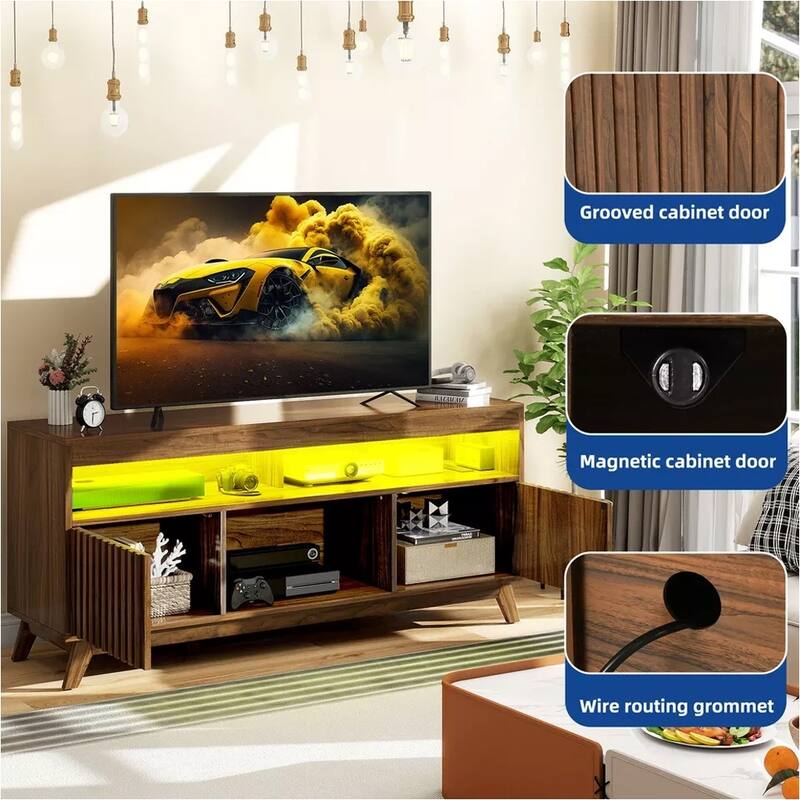 LED Fluted TV Stand for 65 Inch Television w/ Power Outlets - 58 inches