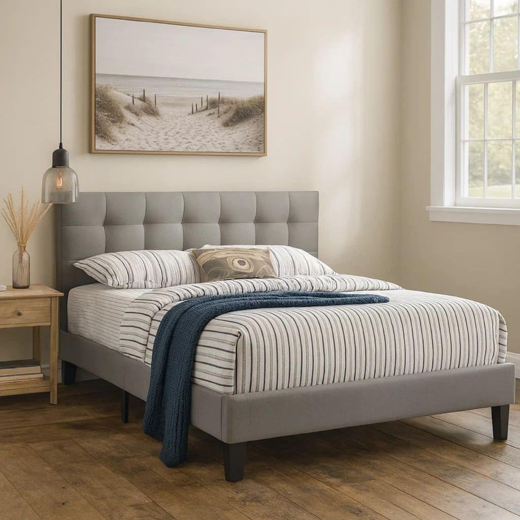 Dex Modern Platform Queen Size Bed, Square Tufted Upholstery, Light Gray