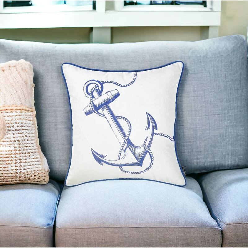 HomeRoots Blue and White Nautical Anchor Decorative Throw Pillow Cover