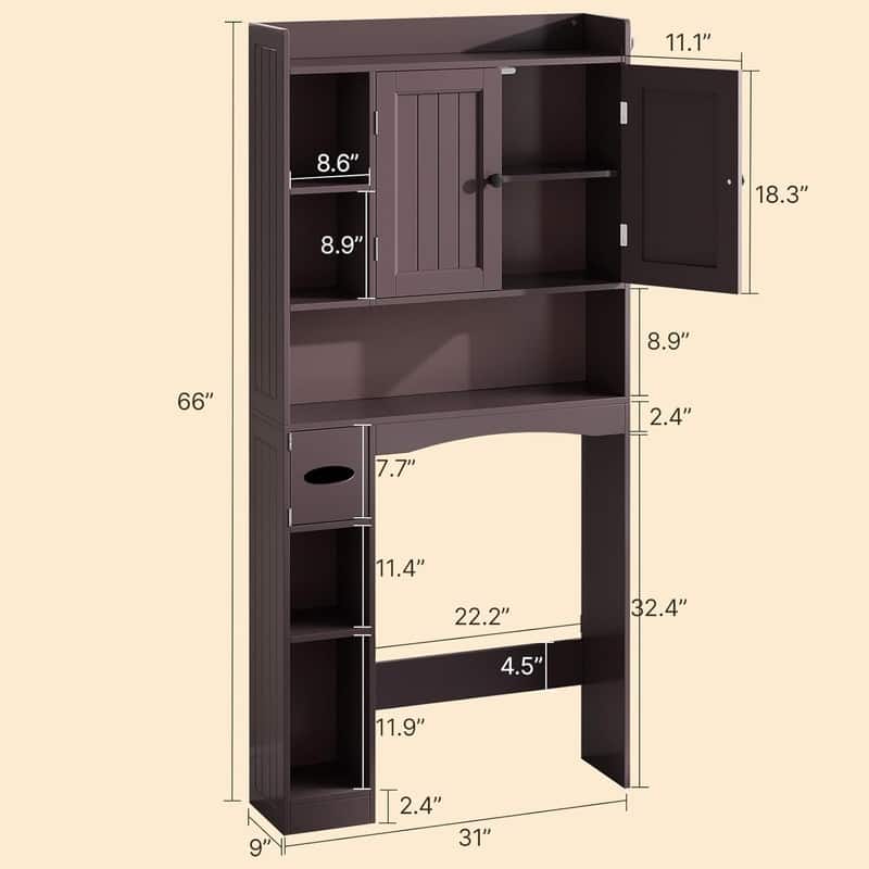 66''H Over The Toilet Storage Cabinet, Bathroom Storage Organizerwith 2 Doors, Paper Holder and Racks, Adjustable Shelf