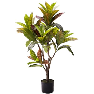 3.5ft Artificial Croton Rubber Plant Fiddle Leaf Tree in Black Pot - 42" H x 32" W x 28" DP