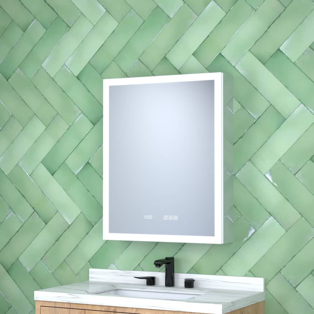 Rectangular Aluminum Recessed/Surface Mount Medicine Cabinet in Silver with Mirror LED and Clock