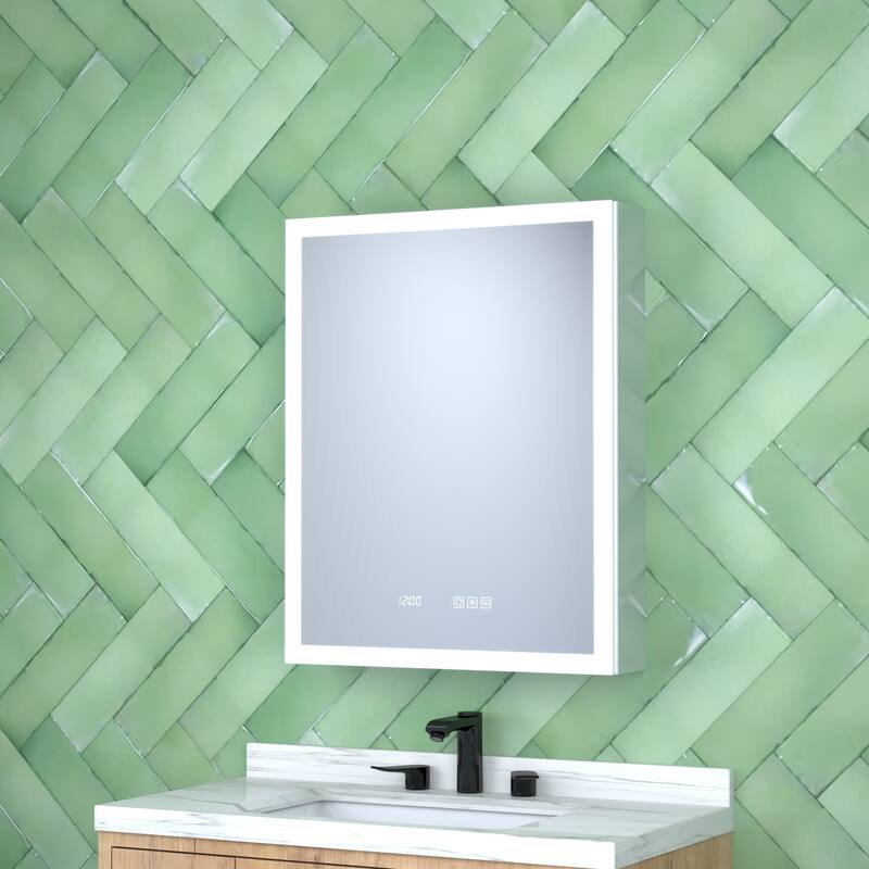 Rectangular Aluminum Recessed/Surface Mount Medicine Cabinet in Silver with Mirror LED and Clock - Silver - 24'' x 5.4'' x 30'' Left