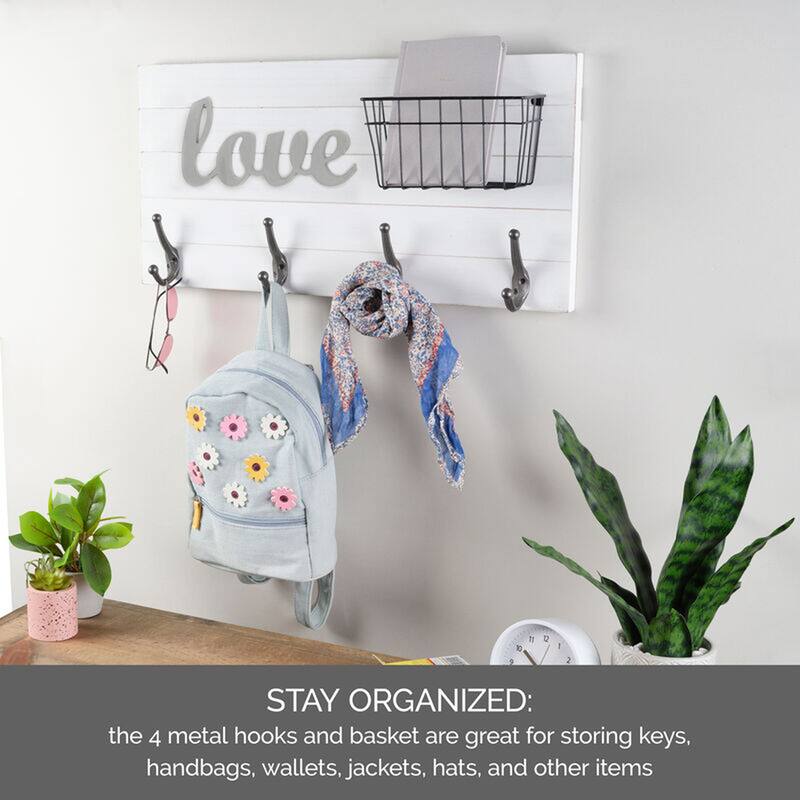 Melannco Love Wall Plaque with Metal Hooks and a Basket, 24 Inch