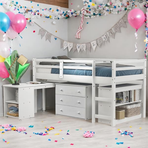 slide 2 of 27, Twin Size Loft Bed With Cabinet,Shelves And Rolling Portable Desk White