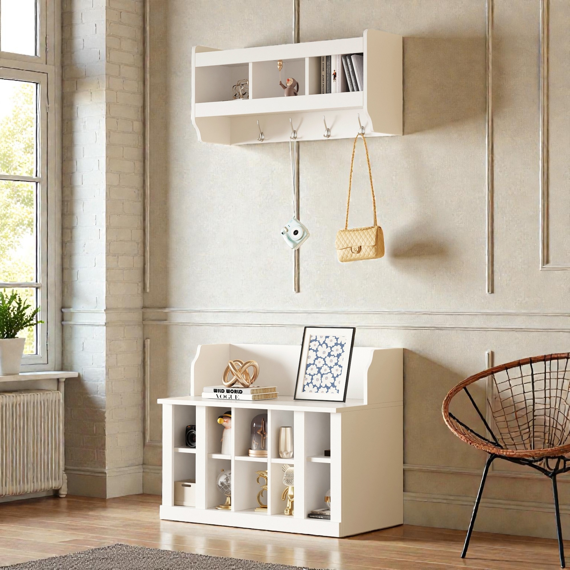 Shoe Storage Bench with Shelves and 4 Hooks, Wall Mounted Hall Tree with Coat Rack, Entryway Organizer for Hallway