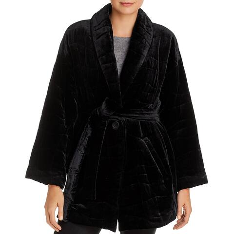 Eileen Fisher Womens Petites Midi Coat Velvet Cold Weather - Black
