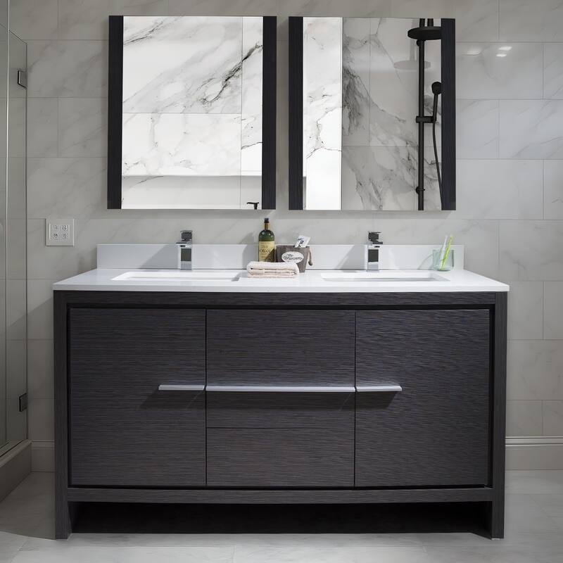 Blossom 60-Inch Double Bathroom Vanity Set with Acrylic Sinks & Mirror - Silver Grey