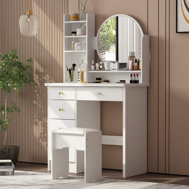 Timechee Makeup Vanity Set with Round Mirror, Drawers & Shelves - White - 31.5''L x 15.7''W x 52''H - White