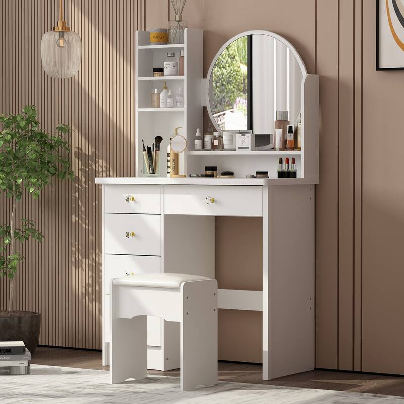 Makeup Vanity Set Dresser w/Mirror Stool 5 Drawers - White/Pink/Black - 31.5"L x 15.7"W x 52"H - White