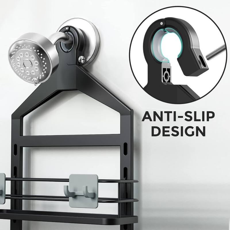 Shower Caddy Organizer Over Head Anti-Swing Hanging Bathroom Shelves Basket Rack Rustproof (Black, 11.96" x 4.84" x 39") - Black