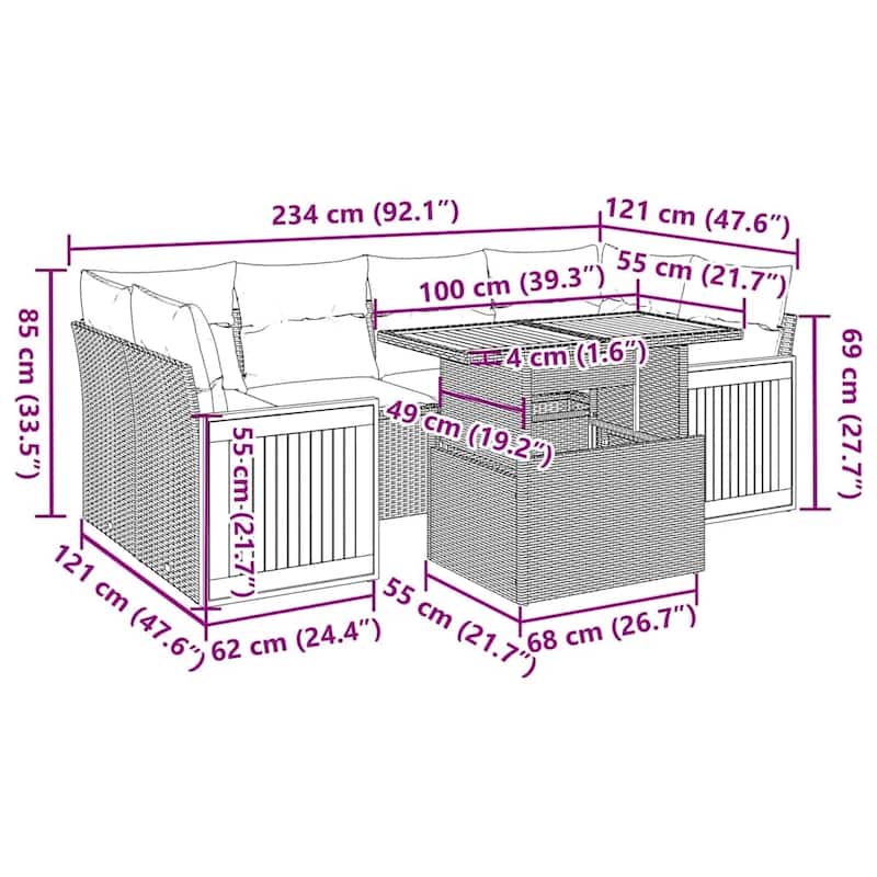 vidaXL Patio Sofa Set with Cushions Outdoor Furniture 7 Piece Poly Rattan - 21.7 x 24.4 x 27.2