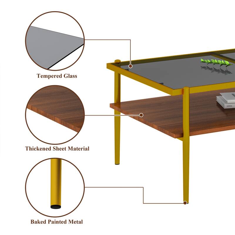 Rectangle Coffee Table with Gray Tempered Glass top and Legs, Modern Table for Living Room