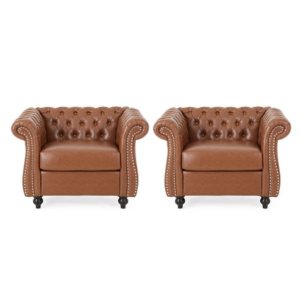 slide 2 of 9, Silverdale Traditional Chesterfield Club Chairs (Set of 2) by Christopher Knight Home Cognac Brown + Dark Brown